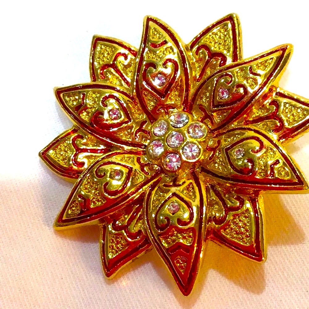 Holiday Lane Layered Goldtone & Red Enamel Poinsettia Flower brooch